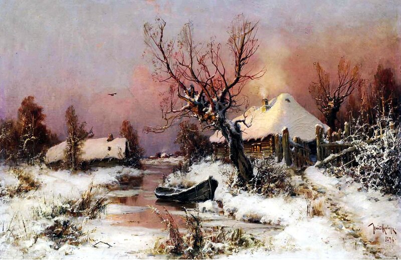 Snow-covered Village — White, Serene, Winter, Painting, River, Boat