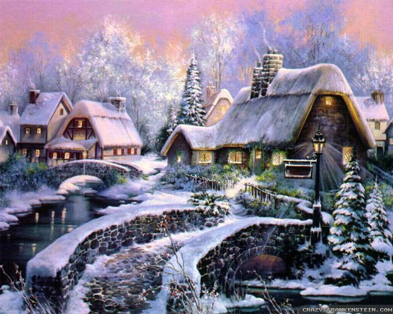 Snow-covered Village — White, Serene, Winter, Painting, River, Bridges