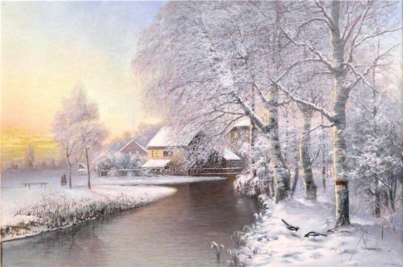 Snow-covered Village — White, Serene, Winter, Painting, River, Trees, Birds