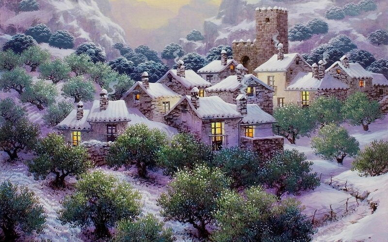 Snow-covered Village — White, Serene, Winter, Painting, Stone Houses