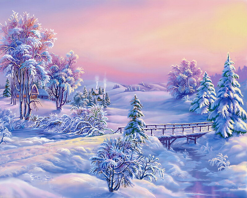 Snow-covered Village — White, Serene, Winter, Painting, Trees, Bridge, Hills