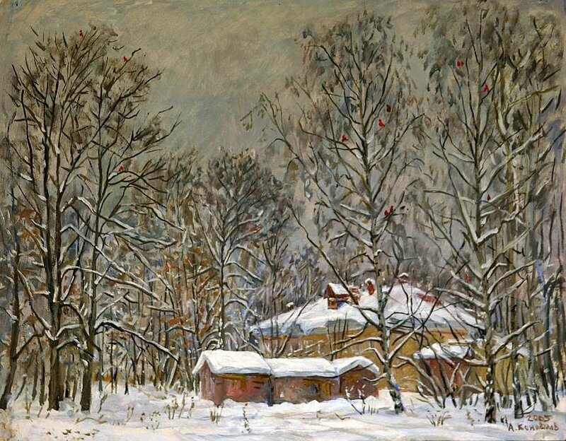Snow-covered Village — White, Serene, Winter, Painting, Trees, Buildings