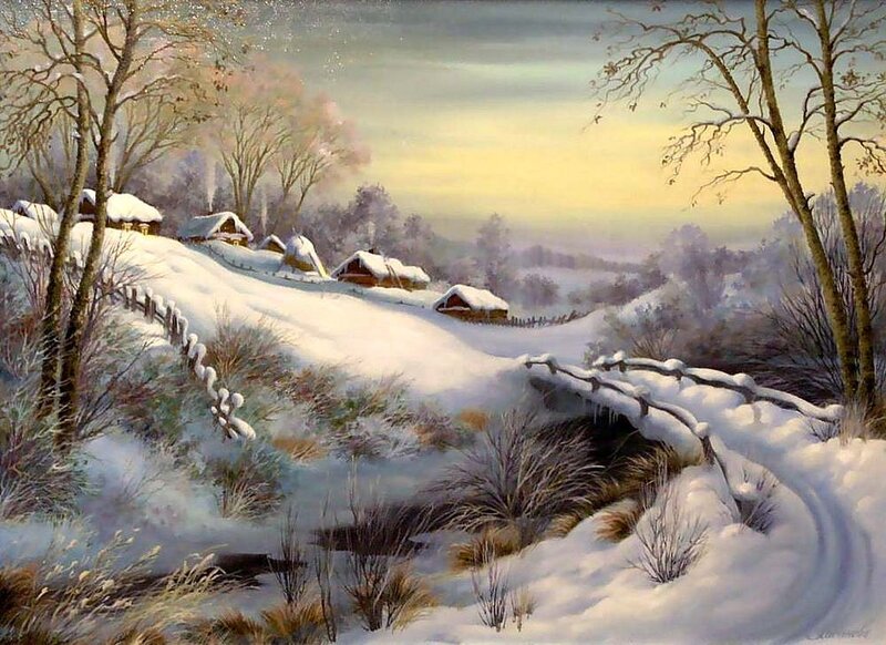 Snow-covered Village — White, Serene, Winter, Painting, Trees, Hills
