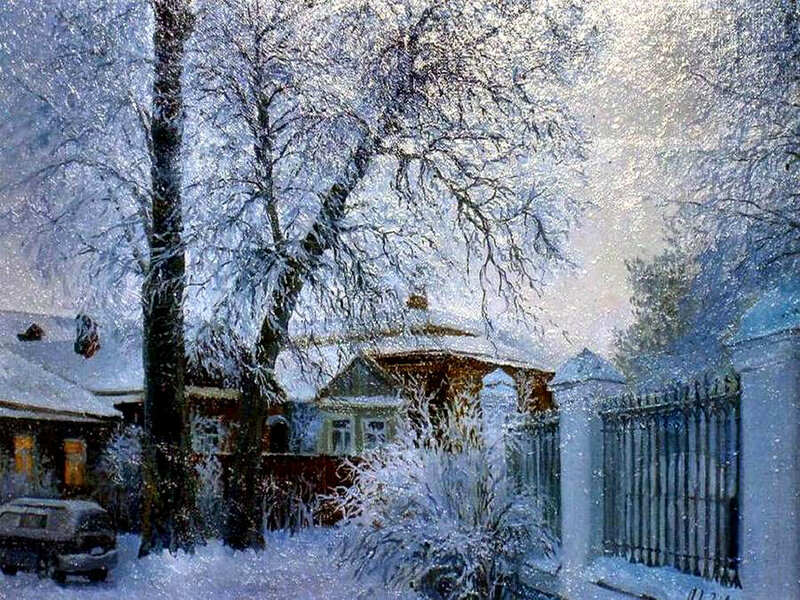 Snow-covered Village — White, Serene, Winter, Painting, Trees, House