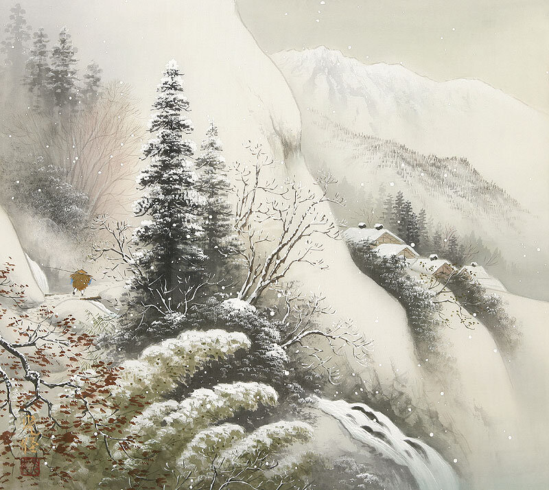 Snow-covered Village — White, Serene, Winter, Painting, Trees, Mountains