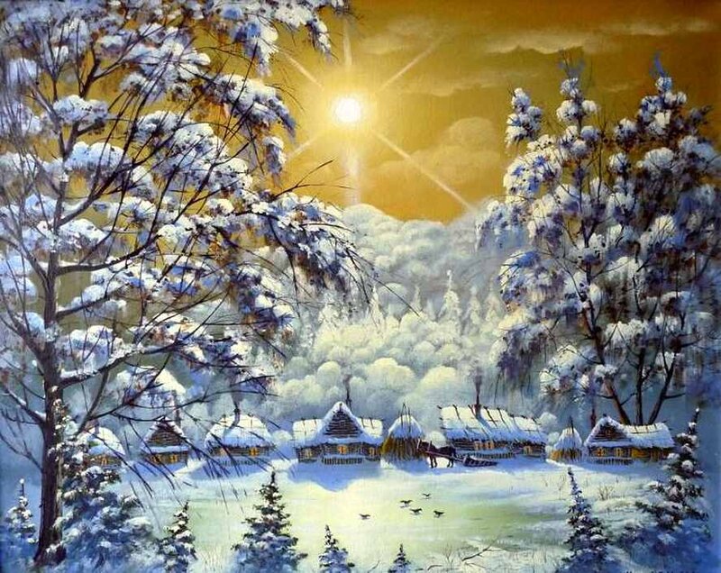 Snow-covered Village — White, Serene, Winter, Painting, Trees, Sun