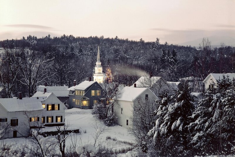 Snow-covered Village — White, Serene, Winter, Photograph, Church Steeple, Snowy Trees, Houses, Gray