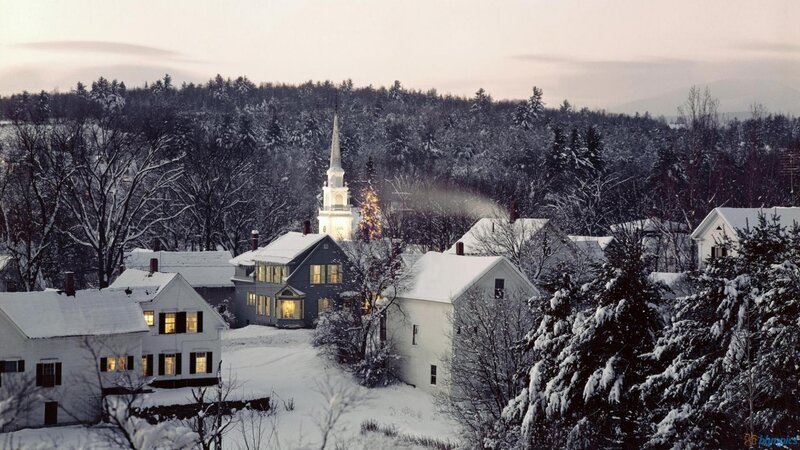 Snow-covered Village — White, Serene, Winter, Photograph, Church Steeple, Snowy Trees, Houses