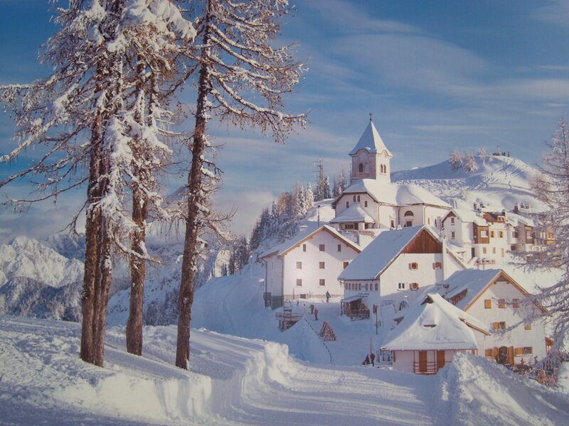 Snow-covered Village — White, Serene, Winter, Photograph, Church, Trees