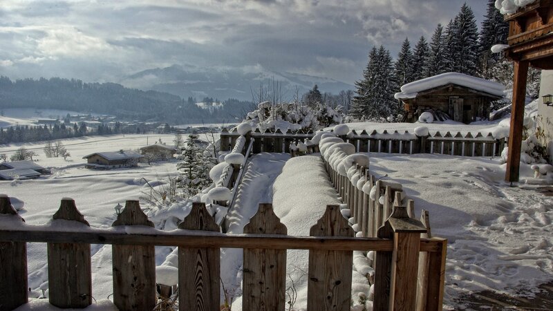 Snow-covered Village — White, Serene, Winter, Photograph, Fence