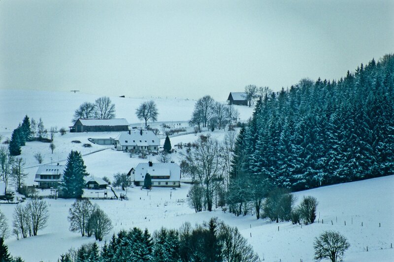 Snow-covered Village — White, Serene, Winter, Photograph, Houses, Trees, Hills, Green