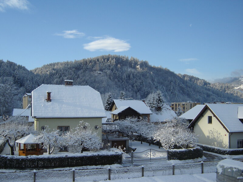 Snow-covered Village — White, Serene, Winter, Photograph, Houses, Trees, Mountain