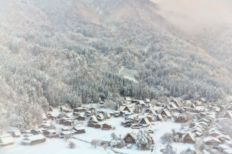 Snow-covered Village — White, Serene, Winter, Photograph, Mountain, Trees