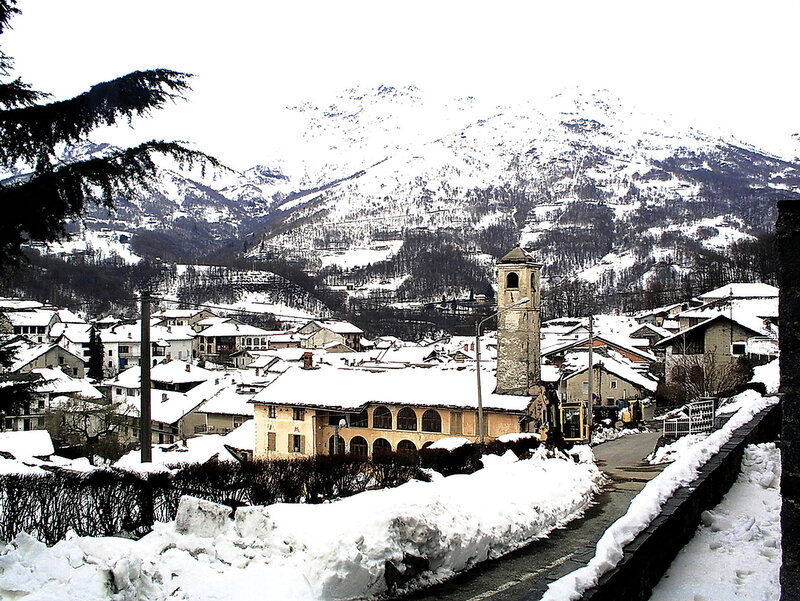 Snow-covered Village — White, Serene, Winter, Photograph, Mountains, Church Tower