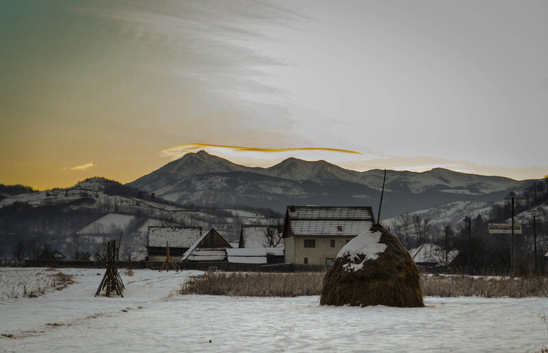 Snow-covered Village — White, Serene, Winter, Photograph, Mountains, Haystack