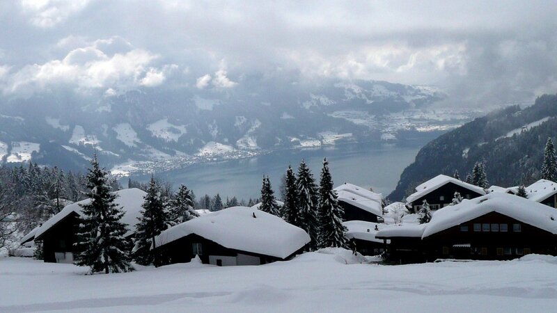 Snow-covered Village — White, Serene, Winter, Photograph, Mountains, Lake