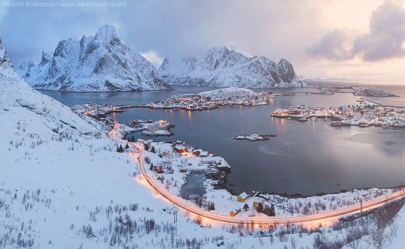 Snow-covered Village — White, Serene, Winter, Photograph, Mountains, Road, Sea