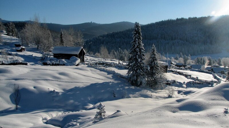 Snow-covered Village — White, Serene, Winter, Photograph, Mountains, Trees, Huts