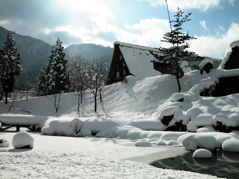 Snow-covered Village — White, Serene, Winter, Photograph, Mountains, Trees, River, Blue