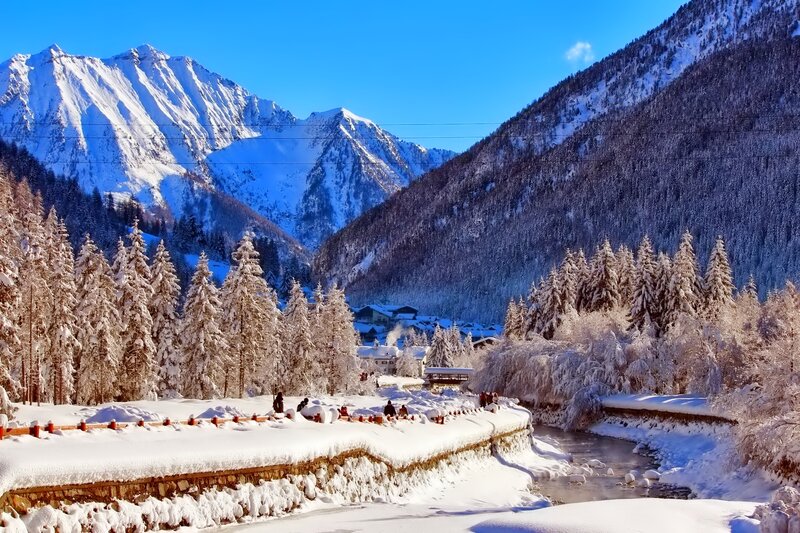 Snow-covered Village — White, Serene, Winter, Photograph, Mountains, Trees, River