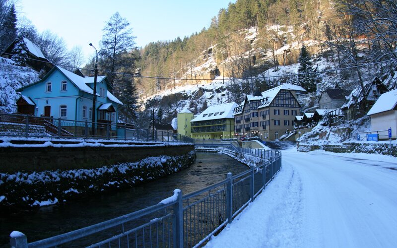 Snow-covered Village — White, Serene, Winter, Photograph, River, Buildings