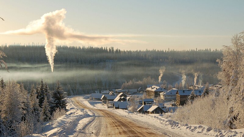 Snow-covered Village — White, Serene, Winter, Photograph, Smokestacks