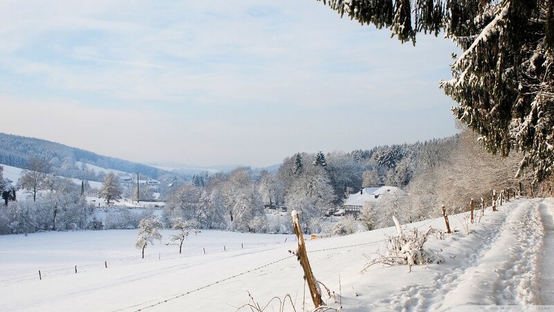 Snow-covered Village — White, Serene, Winter, Photograph, Trees, Hills