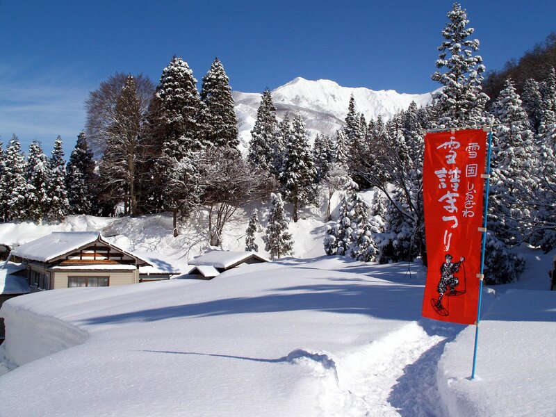 Snow-covered village with mountain view