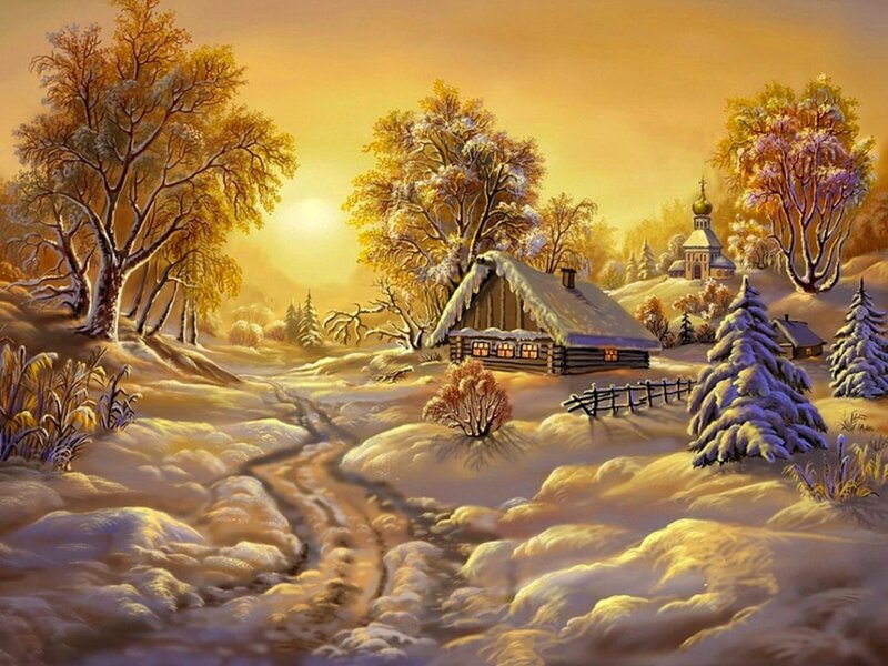 Snow-covered Village — Yellow, Serene