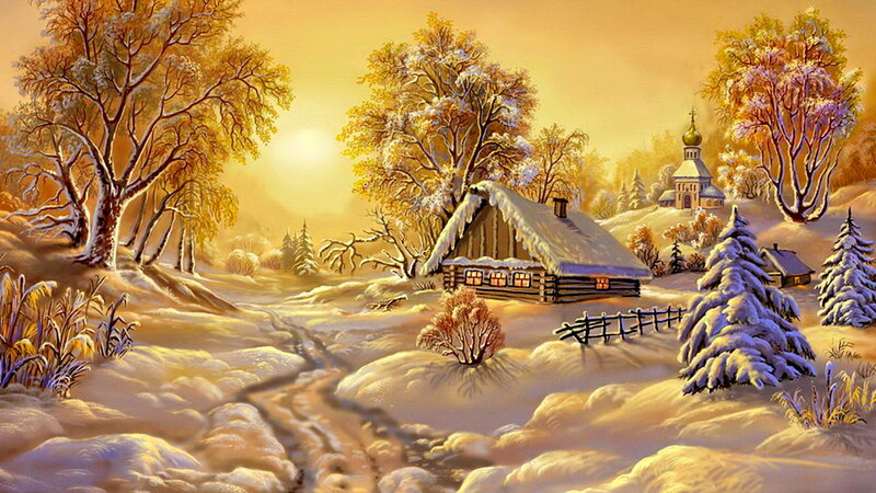 Snow-covered Village — Yellow, Serene, Winter, Painting, Cottage