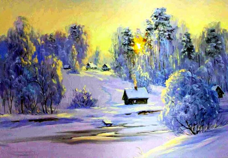 Snow-covered Village — Yellow, Serene, Winter, Painting