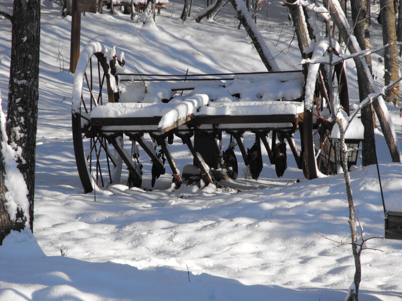 Snow-covered wagon in winter forest