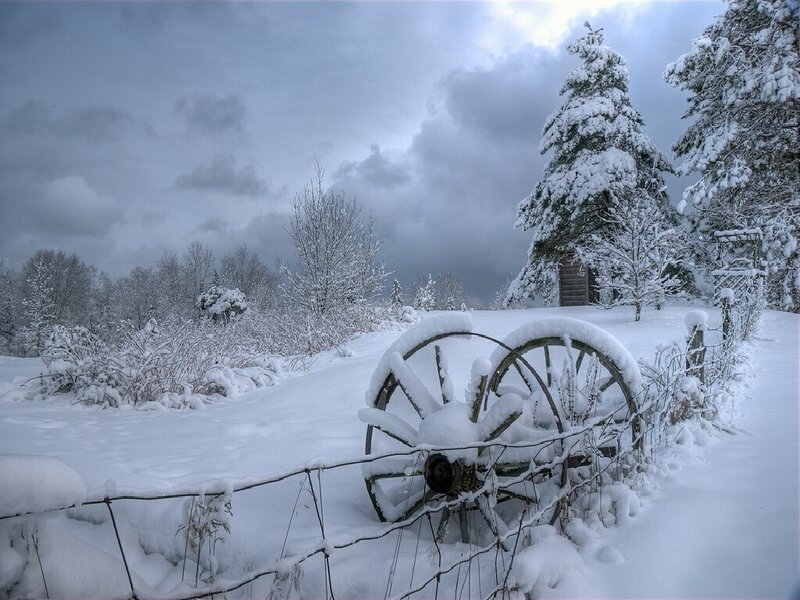 Snow-covered wagon wheel