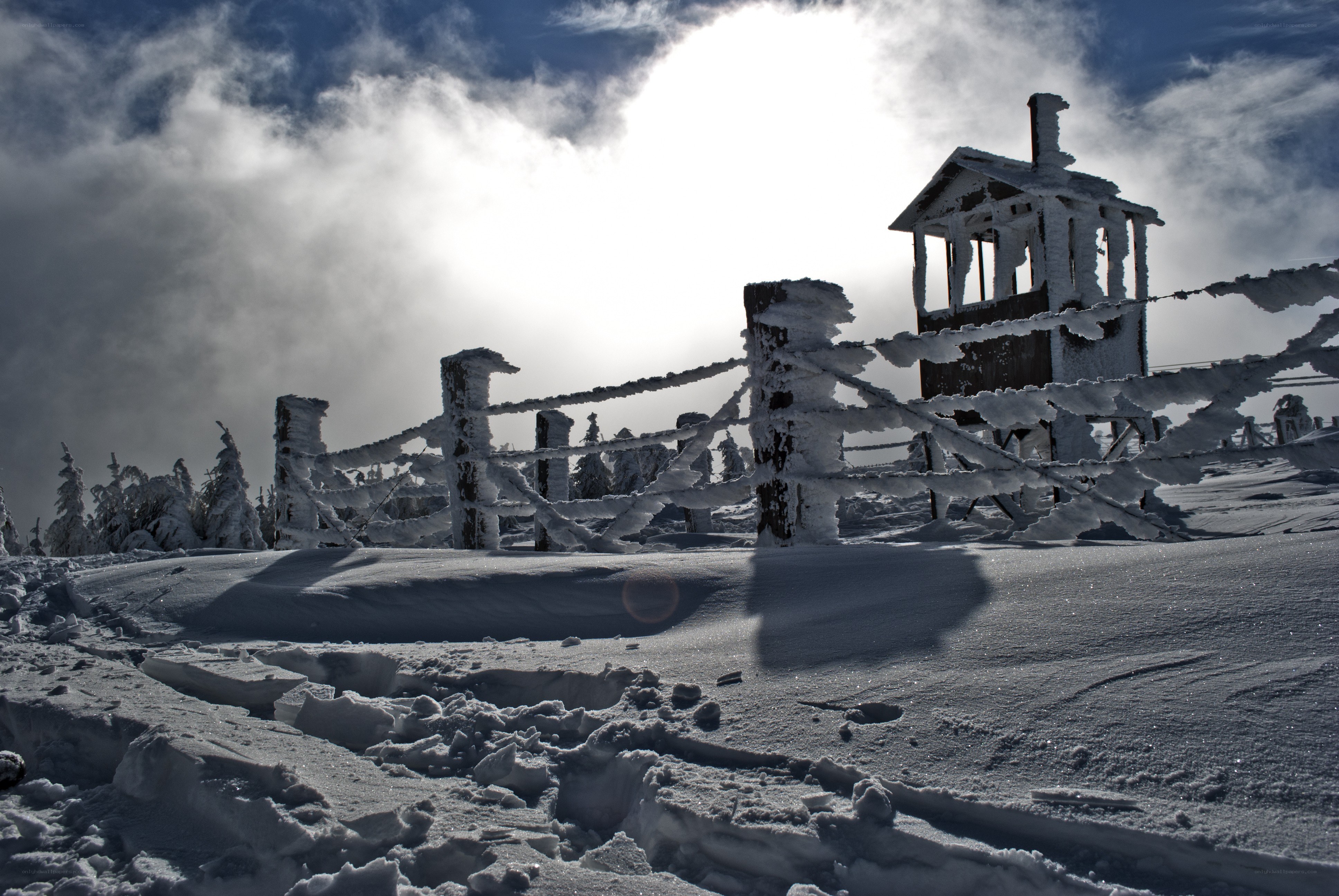 Snow-covered watchtower in winter