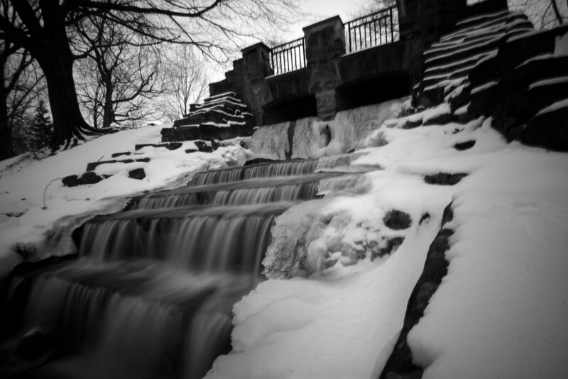 Snow-covered Waterfall — Black, Serene