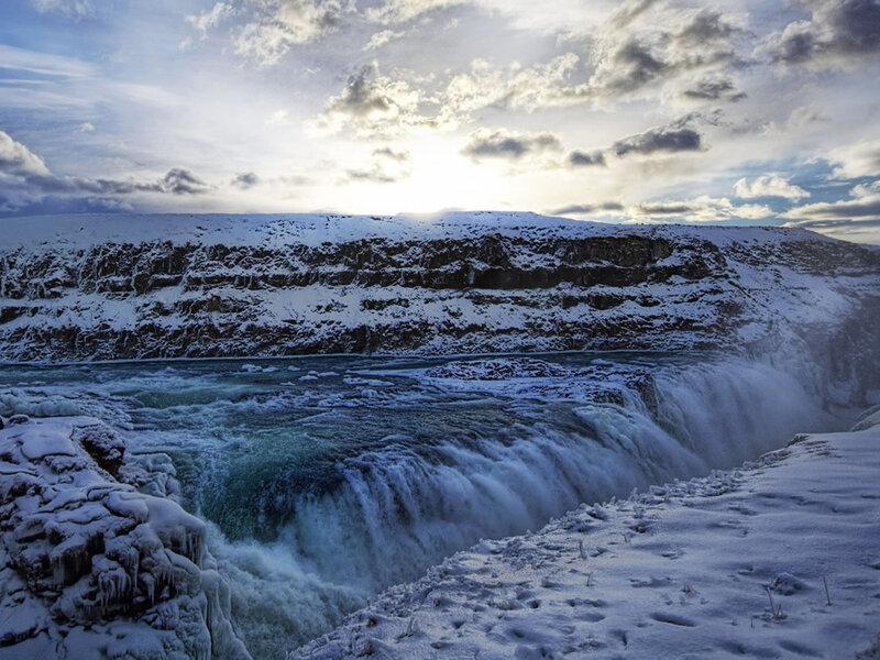 Snow-covered Waterfall — Blue, Dramatic, Winter, Photograph, River, Cliffs, Clouds, White, Gray