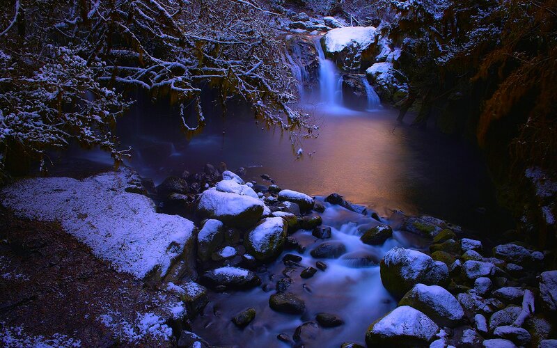 Snow-covered Waterfall — Blue, Serene
