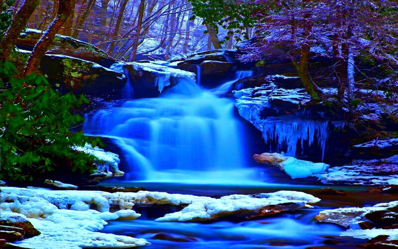 Snow-covered Waterfall — Blue, Serene, Winter, Photograph