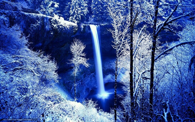 Snow-covered Waterfall — Blue, Serene, Winter, Photograph, Trees