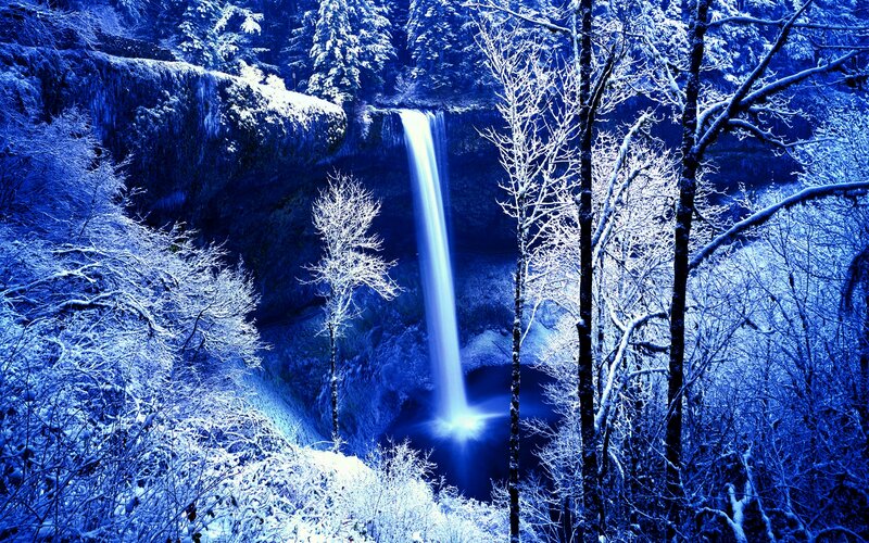 Snow-covered Waterfall — Blue