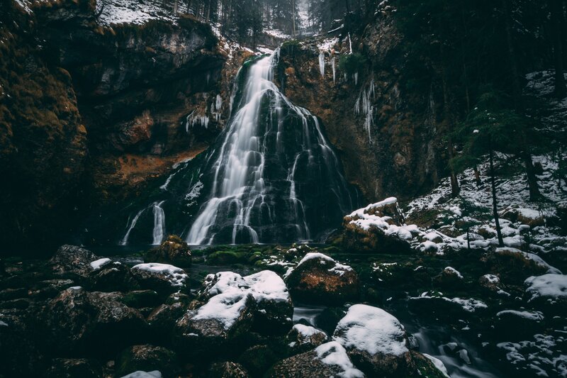 Snow-covered Waterfall — Green, Dramatic, Winter