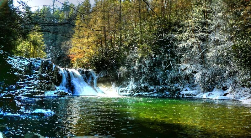 Snow-covered Waterfall — Green, Serene