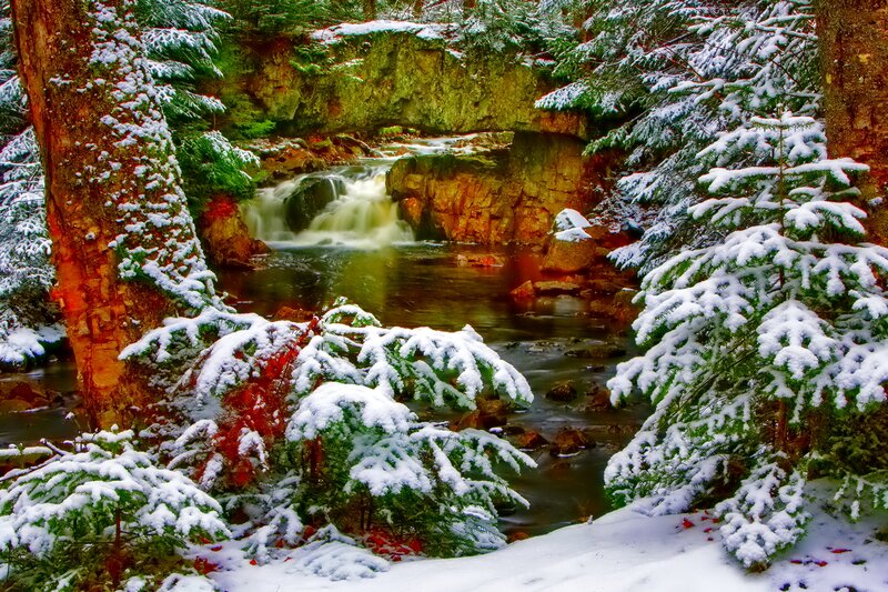 Snow-covered Waterfall — Green, Serene, Winter, Photograph