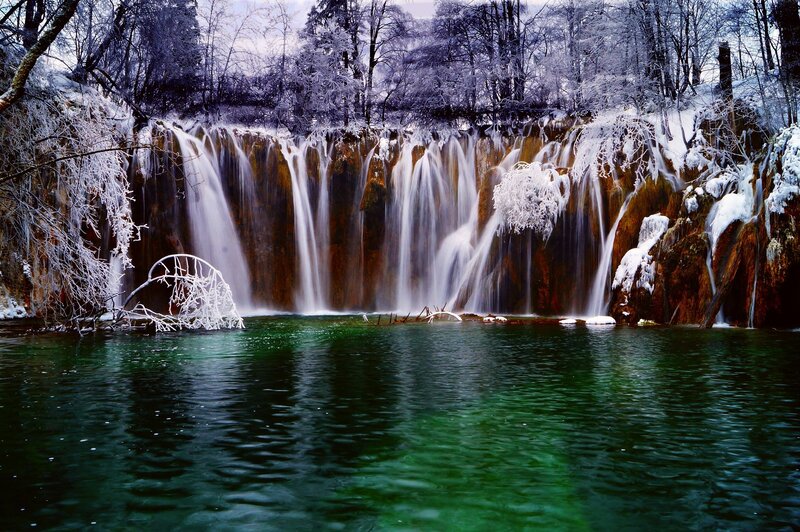 Snow-covered Waterfall — Green, Serene, Winter, Photograph, Trees