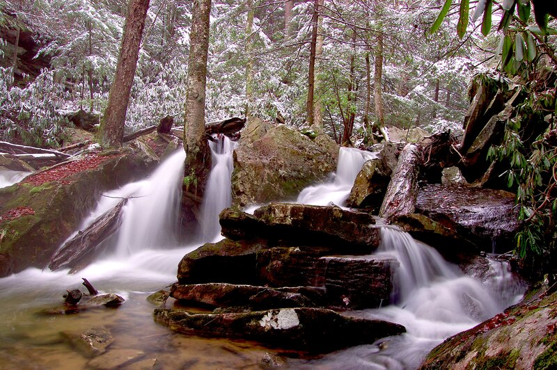 Snow-covered Waterfall — Green, Serene, Winter