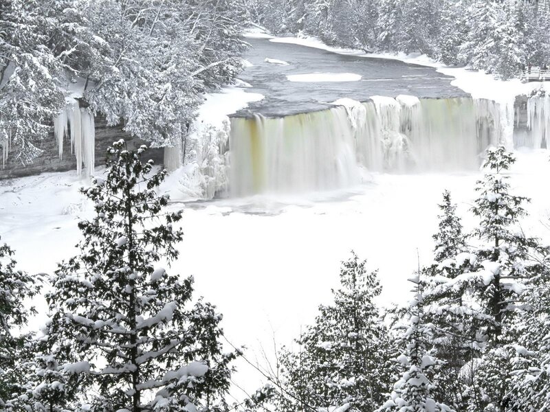 Snow-covered Waterfall — White, Serene, Winter, Photograph, Trees, Ice