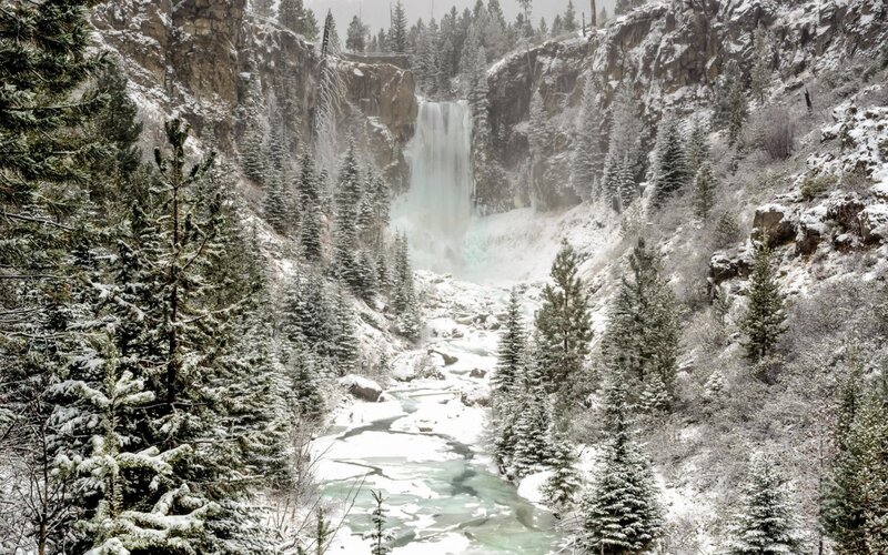 Snow-covered Waterfall — White, Serene, Winter, Photograph, Trees, River, Mountain