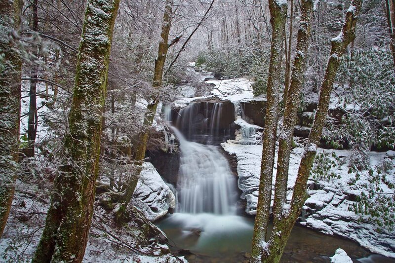 Snow-covered Waterfall — White, Serene, Winter, Photograph, Trees, River