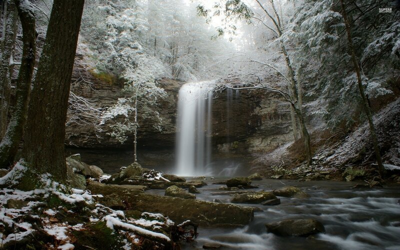 Snow-covered Waterfall — White, Serene, Winter, Photograph, Trees, Rocks, River