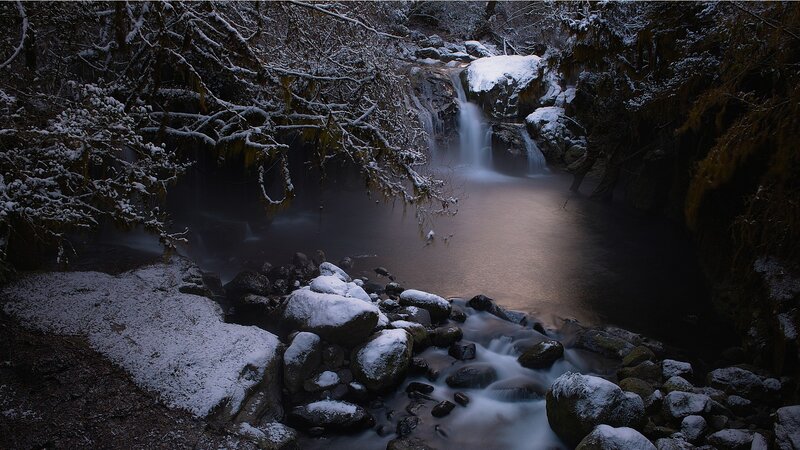 Snow-covered Waterfall — White, Serene, Winter, Photograph, Trees, Rocks